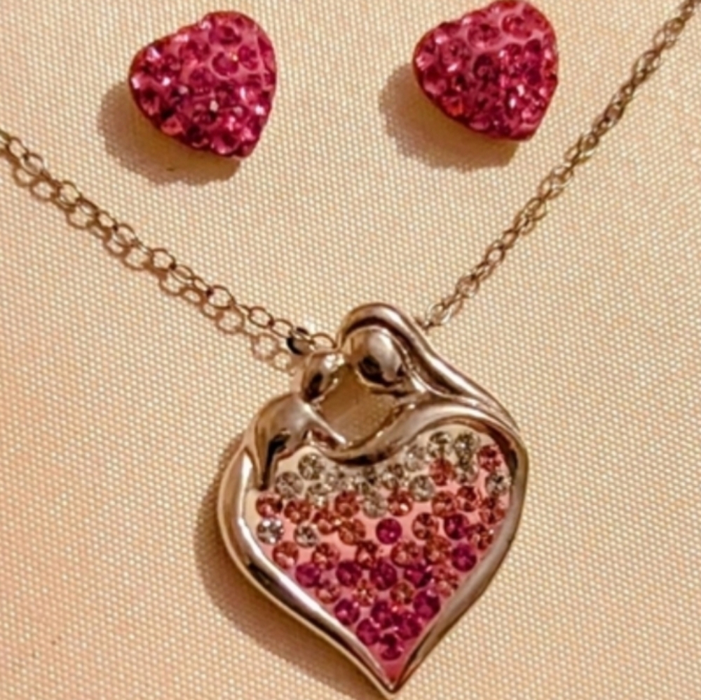 925 Sterling Silver & Pink Crystal Mother's Heart Necklace & Earrings Set